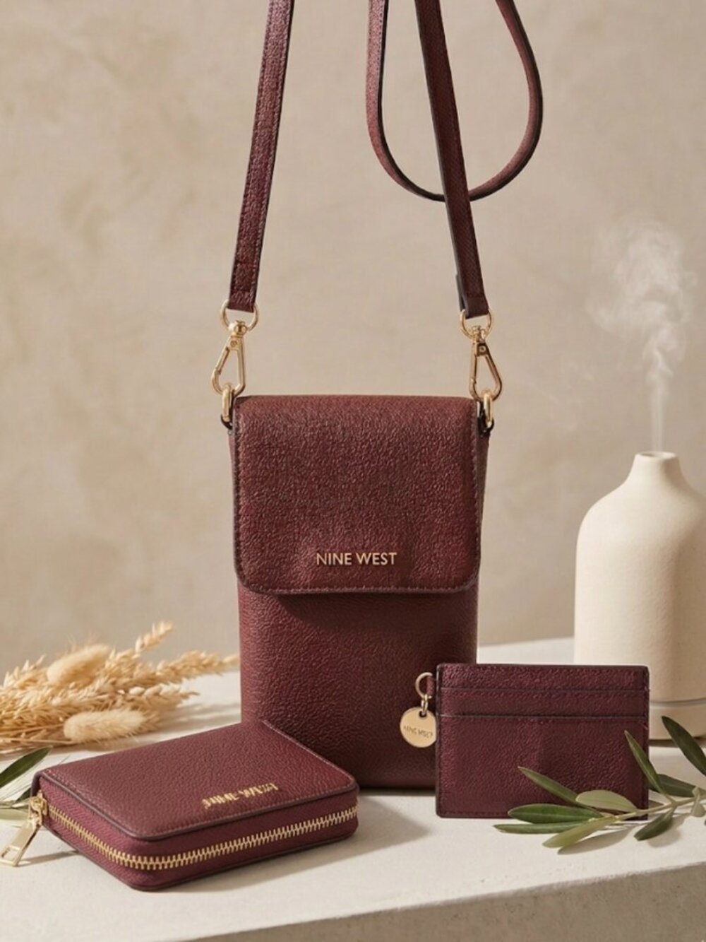 Nine West 3pc Set Burgundy Pebbled Phone Crossbody Wallet Card Case NEW